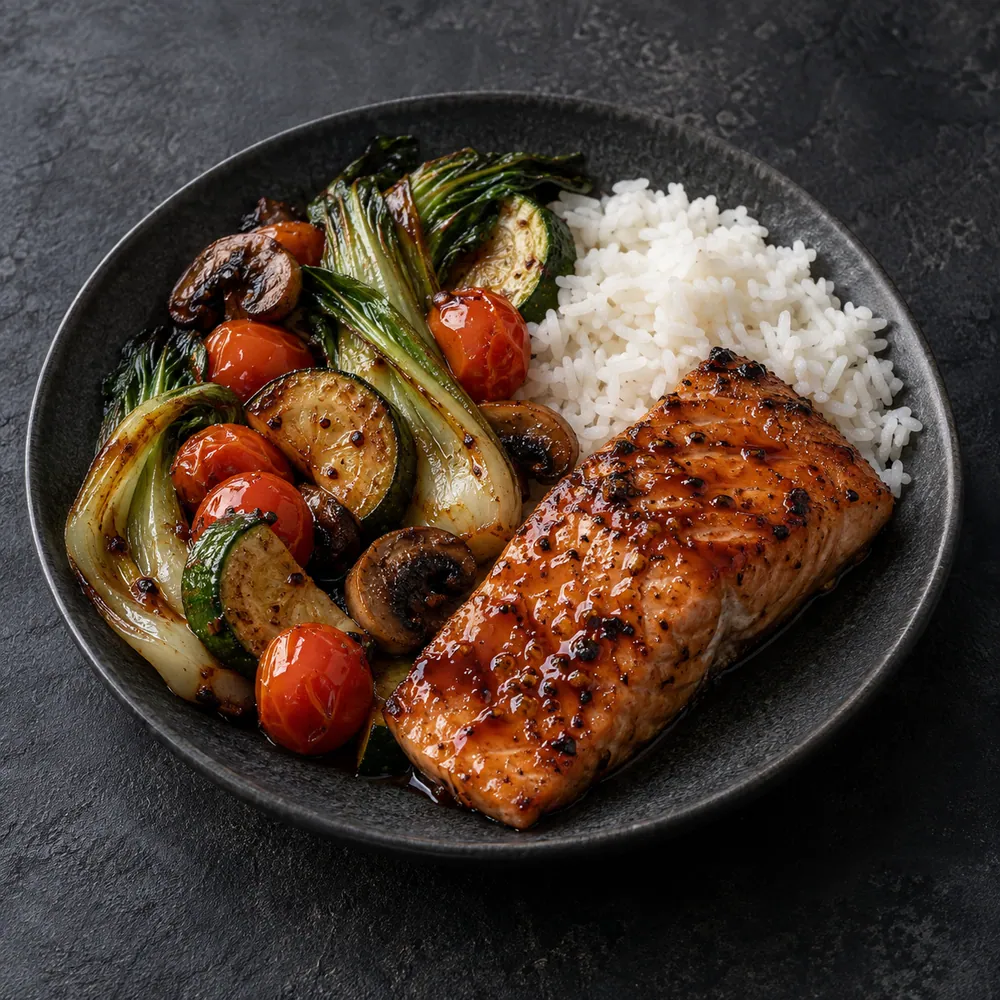 Salmón con arroz y verduras, una de las opciones de nuestro recetario